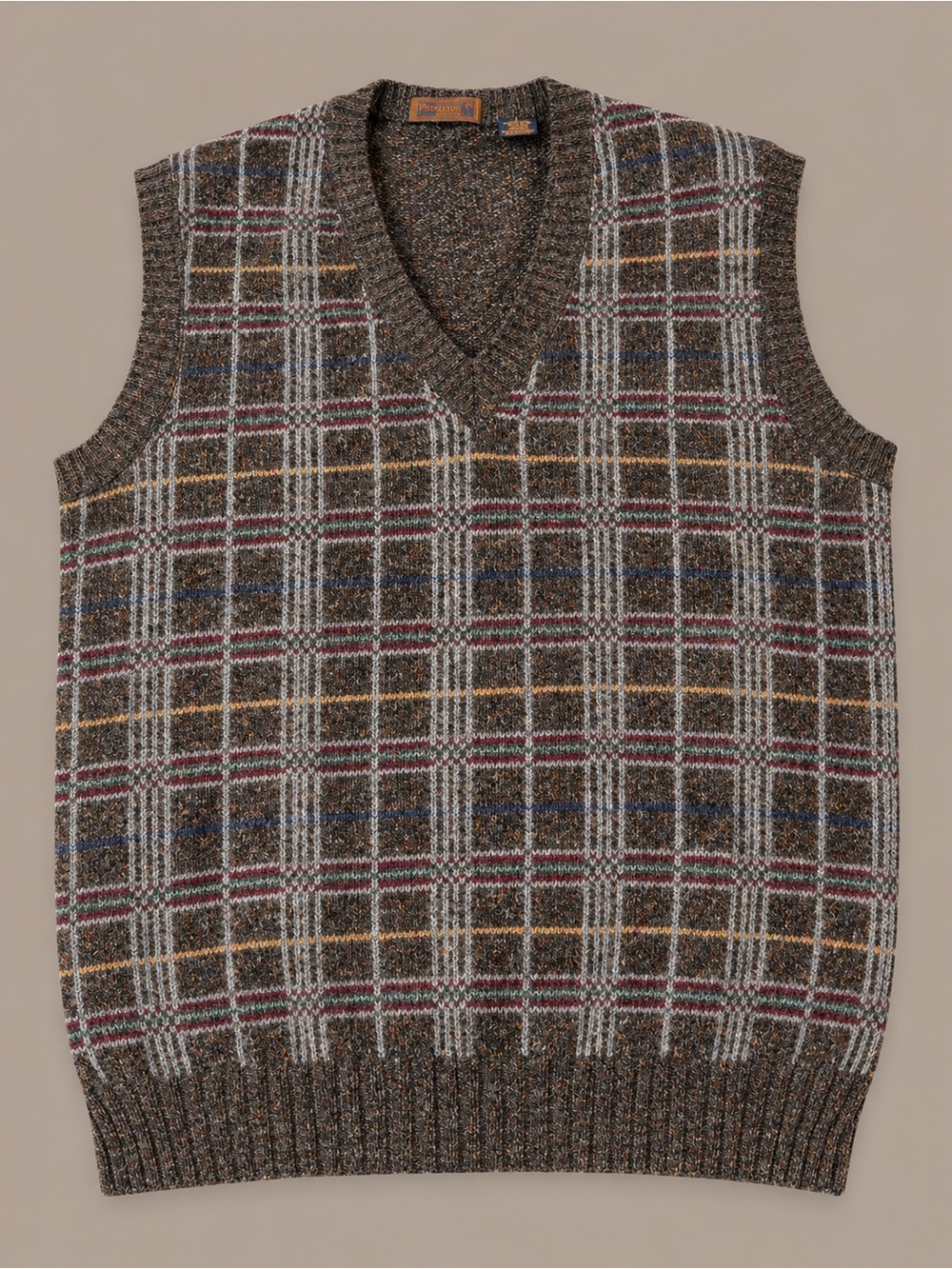 Men's Brown Plaid V-Neck Sweater Vest 100% wool made in Italy